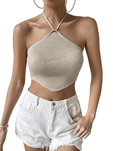 SweatyRocks Women's Sleeveless Tie Back Asymmetrical Hem Knitted Halter Cami Crop Top Beige S