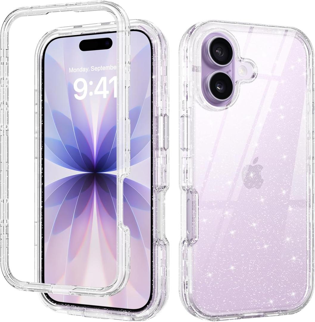 DUEDUE for iPhone 17 Case Clear, Glitter Anti-Yellowing Shockproof Protective Transparent Cover Bling Sparkle Phone Case for iPhone 17 6.3", Clear/Glitter