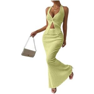 SOLY HUX Women's Two Piece Outfits Twist Front Halter Cami Tops and Skirt Summer Set, Size L, Solid Yellow