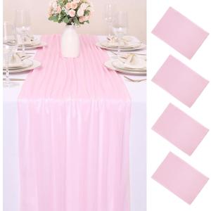 4 Pcs 10FT Blushing Pink Chiffon Table Runners 30x120 Inches Spring Boho Rustic Tulle Sheer Table Runner for Wedding Bridal Baby Shower Birthday Party Decorations