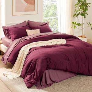 Bedsure Queen Comforter Set - 7 Pieces Burgundy Queen Bedding Set for All Seasons, Boho Contrasting Design Bed in a Bag with Comforter, Sheets, Pillowcases & Shams
