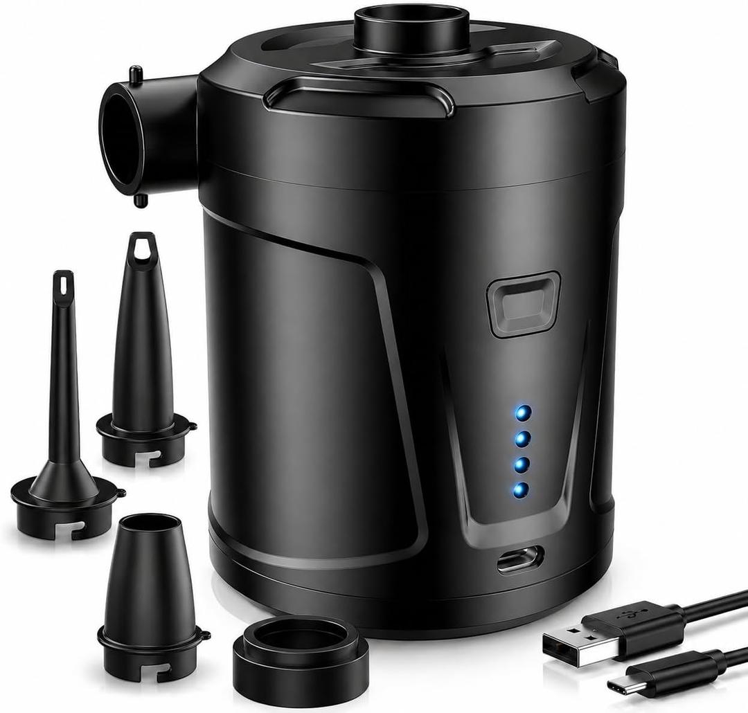 Air Pump for Inflatables,Air Mattress Pump,5200mAh Battery,Camping Essentials,Electric Air Pump,4 Air Nozzles,Fast Inflator Deflate for Inflatable mat,Air Mattresses Beds,Pool Floats,Vacuum Storage