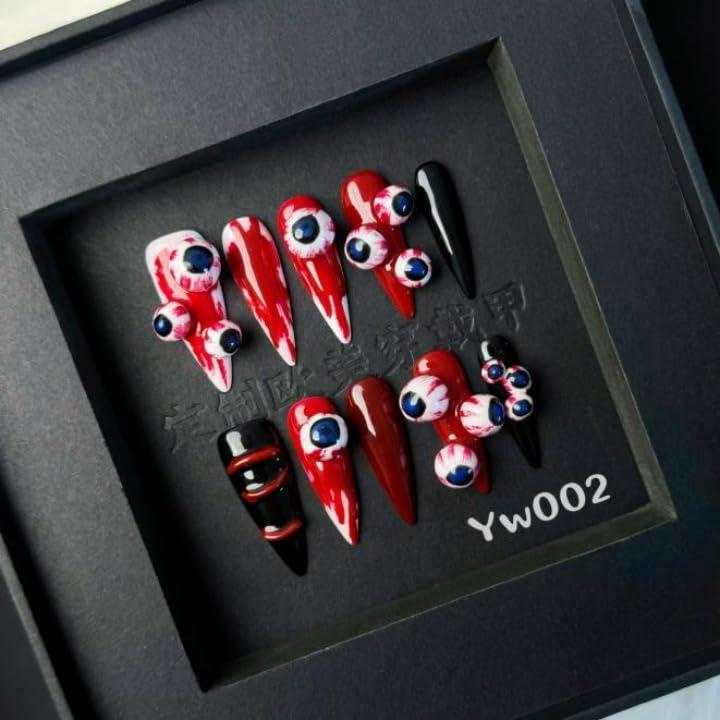 GREENTEA Handmade nail Halloween Scary Eyeball Press-On Nails, Seasonal Nail Art Red and Black Gothic Design, 10 Pieces, Size-M