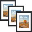 12x16 Picture Frame 3 Pack, Black Wood, Tempered Glass, 8.5x11 Mat