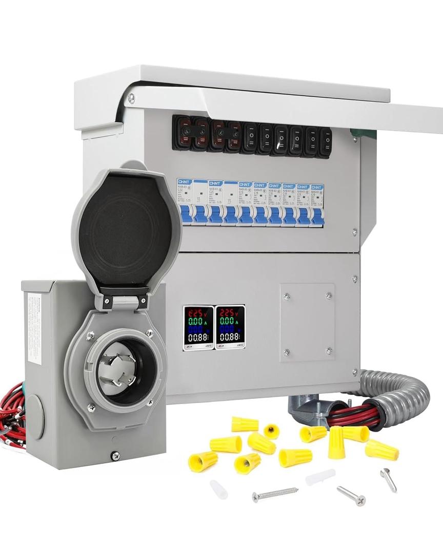 Upgraded 30A 10 Circuit Transfer Switch with 2 Digital Display Energy Meter with L14-30p Optional Power Inlet, IP 67 Waterproof, Pre-Wired, Transfer Switch Suitable for Indoor and Outdoor Use (2025)
