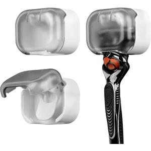 LUEXBOX 2 Pack Razor Holder with Cover for Shower Wall, Self Adhesive Razor Stand Shaver Organizer, Plastic Razor Hanger Hooks Compatible with Fusion 5 Proglide, Mach 3 Classic (Gray Clear)