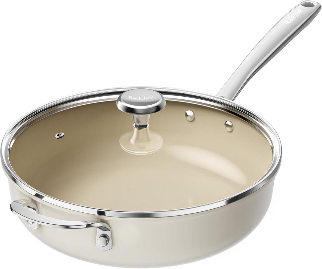 Redchef Ceramic Saute Pan with Lid, Nonstick Deep Frying Pan, 5QT Jumbo Cooker with Helper Handle & Lid, Non Toxic Ceramic Cooking Pan, Chef Pan, Dishwasher & Oven Safe, PFAS PFOA & PTFE Free