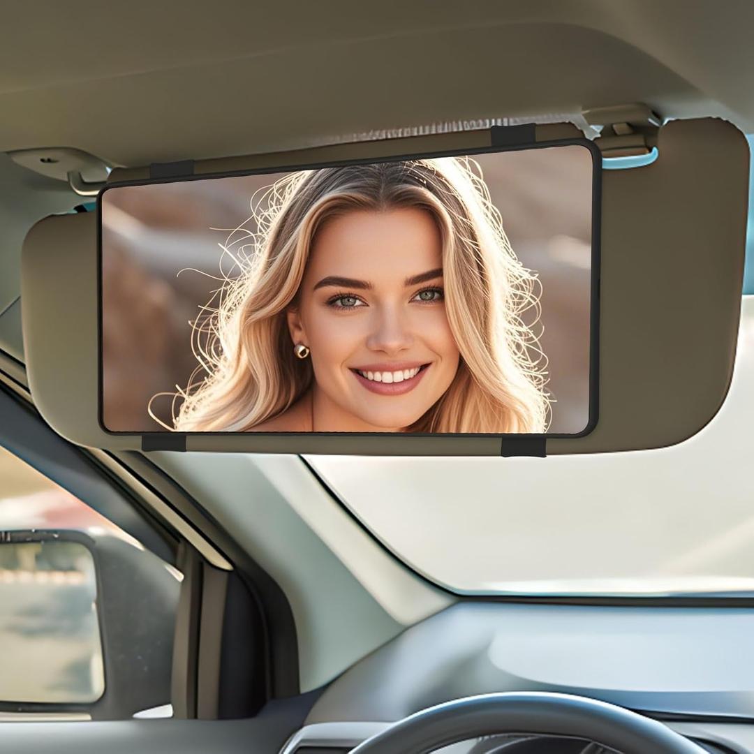 Visor Mirror Car Accessories for Women Interior (No Light) - Passenger Car Accessories for Girl, Large Sun Visor Vanity Mirror for Truck - Black (No LED Light)
