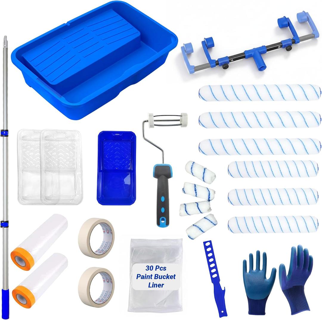 18 Inch Paint Roller Kit,18" Paint Tray Liner kit, 25Pcs Paint Roller Tray with Liner, 12''~18'' Large Paint Roller Frame, 57 inch Paint Extension Pole, Suitable for Painting Large Areas