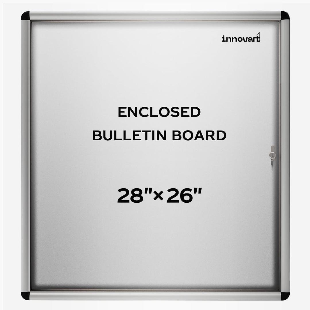 INNOVART Enclosed Bulletin Board 28x26, Weatherproof Dry Erase Board w/Aluminum Frame, Outdoor Enclosed Whiteboard Wall Display Case w/Swing-Open Door, Information Cabinet for School, Office
