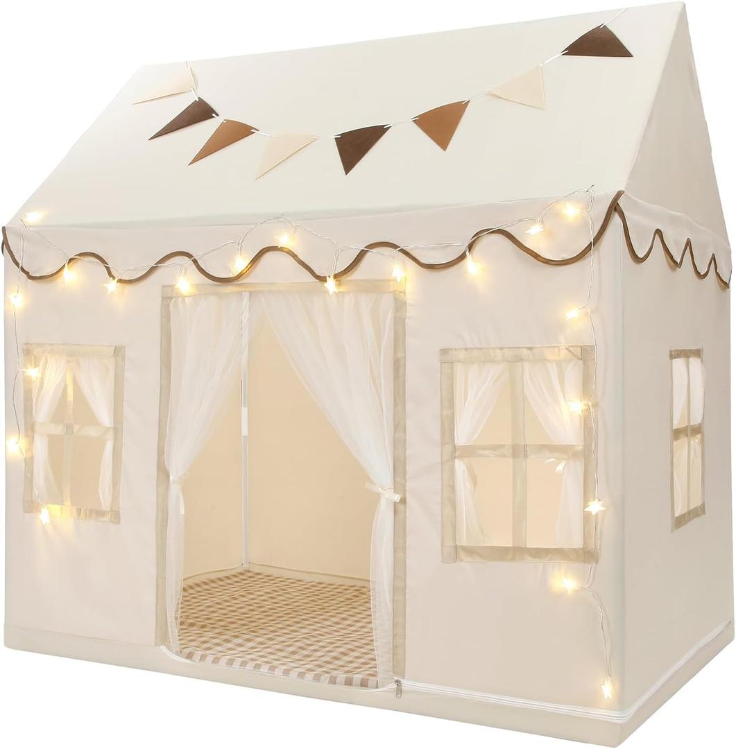 BOLERLE Kids Play Tent, Toddlers Large Playhouse with Mat, Star String, Flag, Machine Washable, Indoor and Outdoor Play Tent for Kids, Girls & Boy Aged 3+, 50" x 34" x 51", Cream