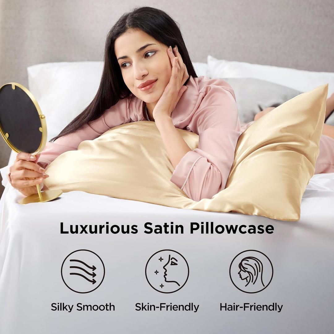 Bedsure Standarrd Size Satin Pillowcase Set of 2 - Champagne Gold Silky Pillow Cases for Hair and Skin with Envelope Closure, Similar to Silk Pillow Cases, Gifts for Women Men,  22.5*23 2 PCS