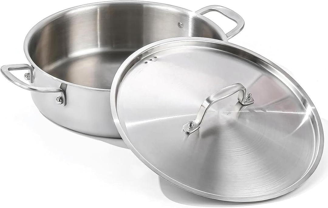 DELARLO Tri-Ply Stainless Steel 5 Quart Braiser Pan with Lid Induction Rondeau Pot With Lid 12inch Deep Frying Pan Large Saute Pan Heavy Duty Style Compatible With All Cooktops Up to 650