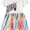 RETSUGO Little Girls A-Line Dress Cute Unicorn Rainbow Pattern Short Sleeve Casual Toddler Girl Dresses for Party 1-8 Years, Size 4T
