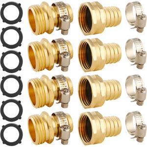 4 Set Brass Garden Hose Repair Connector Kit with Clamps, Fit for 3/4" Garden Hose Fitting,3/4'' Barb x 3/4'' GHT Garden Hose Adapter/Fittings, Water Hose Repair Kit