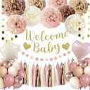 Pink Baby Shower Decorations For Girl Welcome Baby Banner Dusty Pink Rose Gold Nude Balloons Tassel Garland Paper Pom Poms Gender Reveal Party Supplie Girl Baby Shower Decor