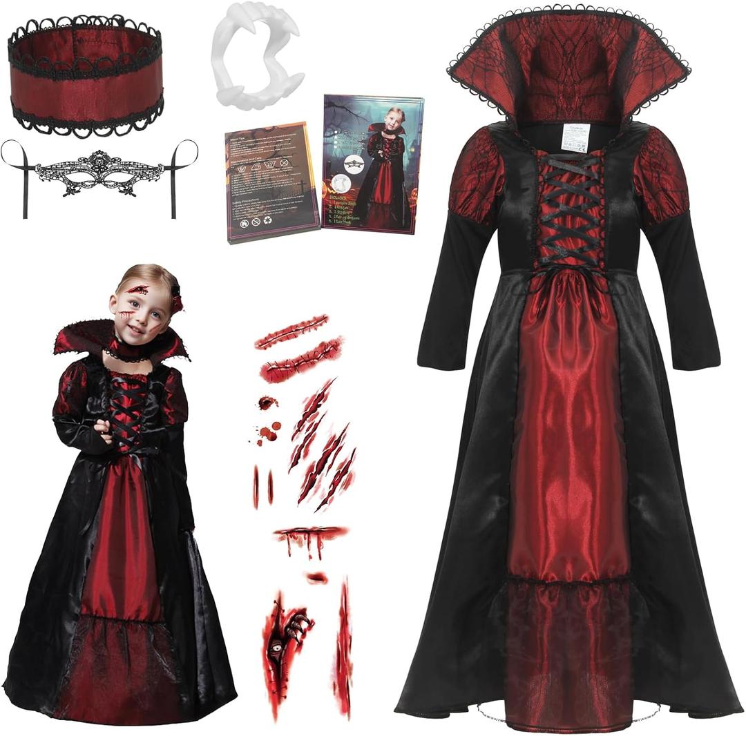 Girls Halloween Costume Royal Vampire Dress Up Child Vampire's Role Play Cosplay Outfits (4-6 Years, Black)