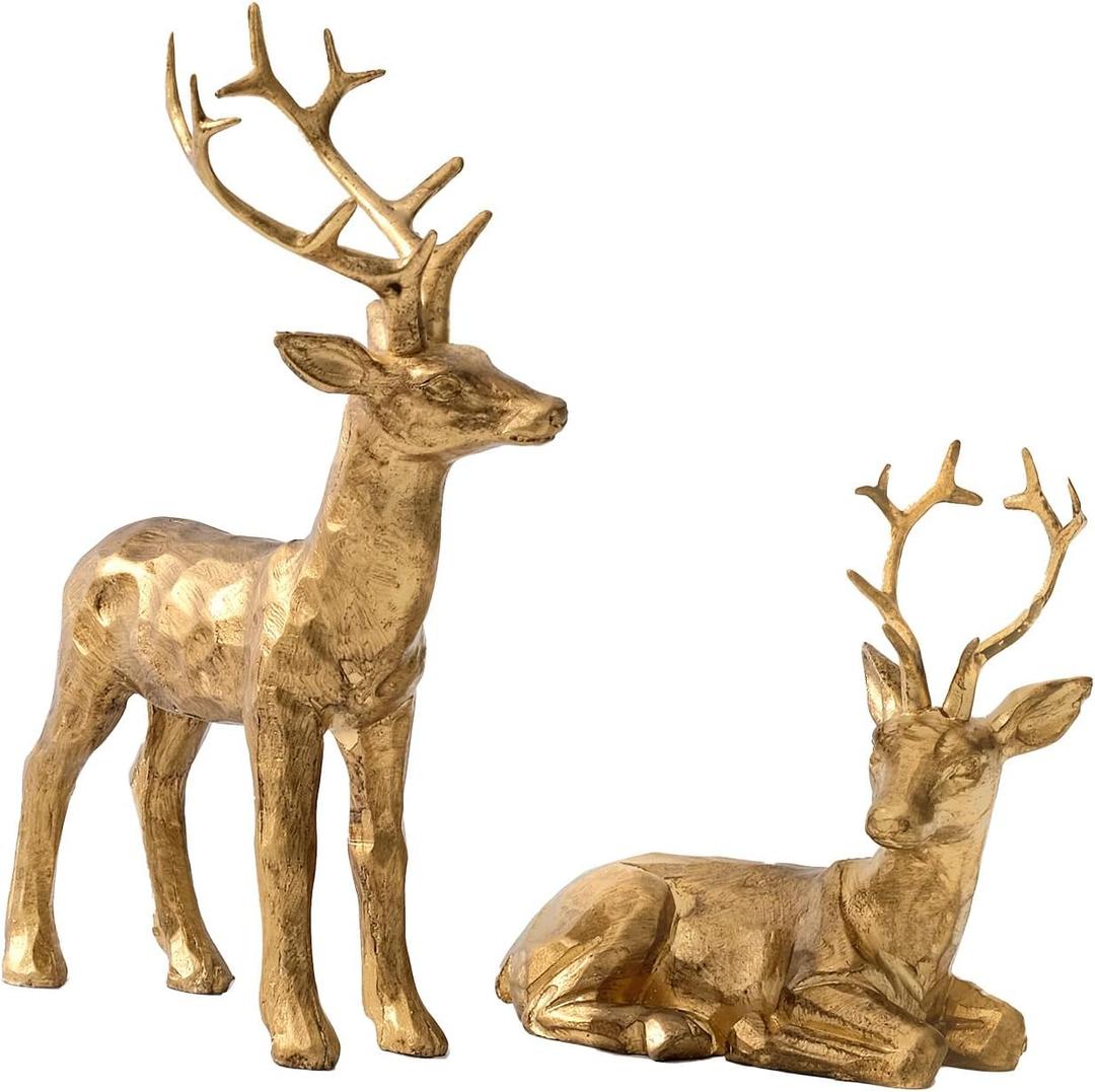 DN DECONATION 2PCS Christmas Resin Reindeer Figurines Decorations, Small Gold Brass Deer Decorative Statues Deer Sculptures for Indoor Home Decor Tabletop Mantle Cabinet Desktop Office