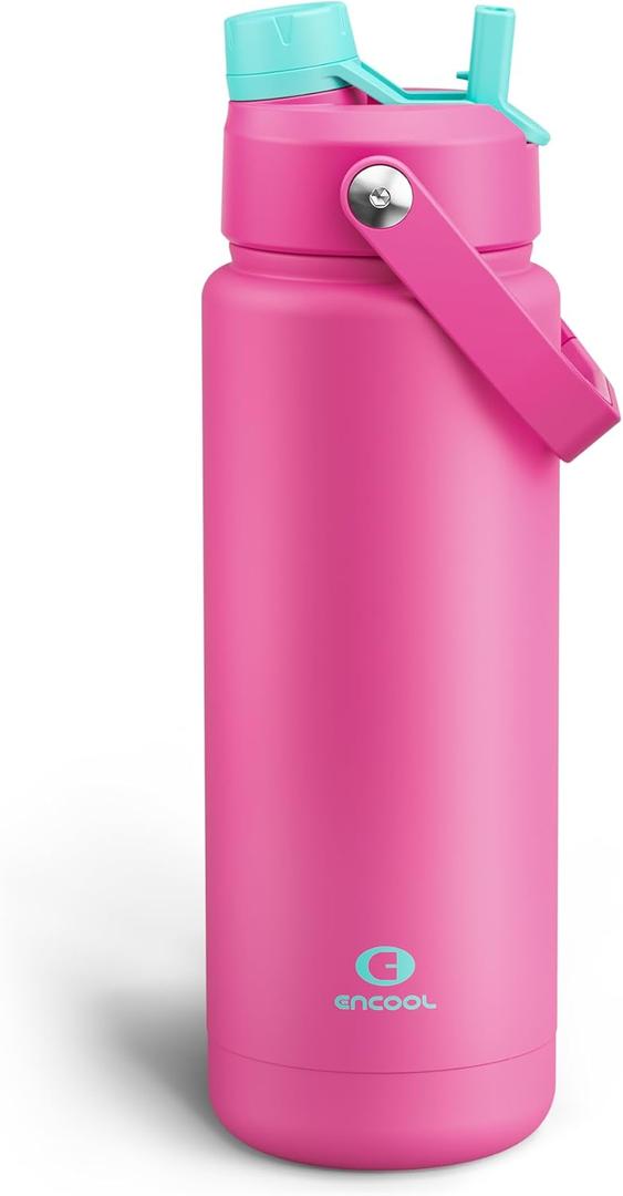 ENCOOL Insulated Water Bottle with Straw Stainless Steel Water Bottle, Leak-Proof, BPA-Free, Double Wall Vacuum Keeps Cold for 24 Hours for Sports, Travel, School (32 oz, Light Crimson)