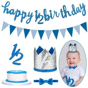Spakon Glitter Half Birthday 6 Months Happy Birthday Banner Set Happy 1/2 Birthday Baby Boy Girl 1/2 Half Year Cake Topper Triangle Flag Banner 1/2 Birthday Crown Hat Bow Tie (Dark Blue)