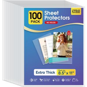 KTRIO No Holes Sheet Protectors 8.5 x 11 Inch Heavy Duty Clear Page Protectors, Plastic Paper Document Sleeves, Letter Size, Top Loading, Acid Free, 100 Pack