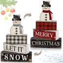 4 Pcs Winter Table Decorations Wooden Snowman Winter Tiered Tray Decor Reversible Christmas Table Centerpiece Rustic Decorative Snowman Block Signs Gift for Xmas Home Kitchen Decor