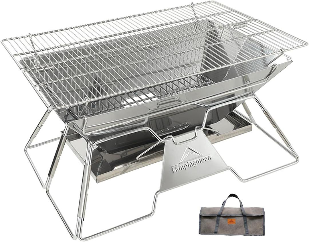CAMPINGMOON Large Portable Campfire Fire Pit BBQ Grill Stainless Steel Foldable Collapsible Wood Burning Charcoal Grill for Heavy Duty Outdoor Cooking RV Camping, 20x13-inch, Carry Bag included MT-3