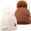 KeaBabies 2-Pack Baby Hats for Girls, Boys - Stretchy Baby Beanies, Cute Newborn & Toddler Winter Hat, Soft & Warm Pom Pom Beanie for Infant, Toddler, Boys, Girls 6-36 Months (Rust, M)