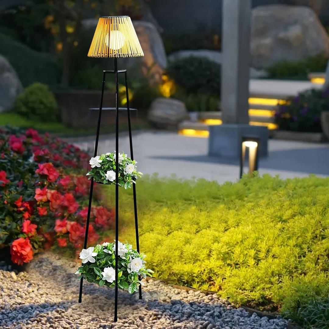 Outdoor Solar Floor Lamp, 46.8'' Solar Lights Outdoor Waterproof with Plant Stand, Dusk to Dawn, Warm Yellow Light, Black Metal Stand for Deck Porch Patio Garden Decor