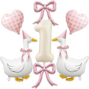 One Silly Goose 1st Birthday Decorations Girl 40 Inch Number 1 Balloon, Goose Balloons with Pink Bow & Hats, Cute Baby Girl First Birthday Party Supplies