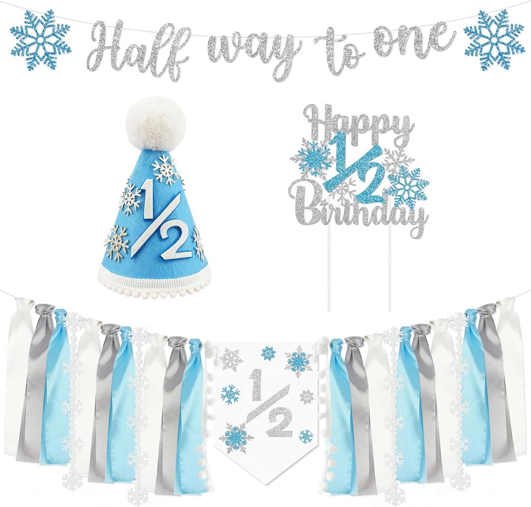 1/2 Birthday Snowflake Half Birthday Decorations - Snowflake It's My 1/2 Birth Banner Glitter Cake Topper Tassel High Chair Banner & Crown, Hat Halfway to One Boy Girl Party Supplies