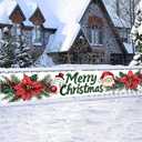 BlissYard Merry Christmas Banner Santa Snowman Poinsettia Pine Needles Holiday Decorations for Home Fireplace Backdrop 118x20 Inch Long Polyester Fabric Sign For Girls or boys gifts