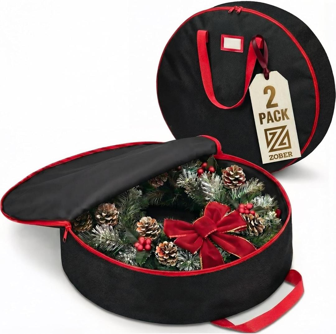 ZOBER 2 Pack Oxford Christmas Wreath Storage Container 48 Inch - Wreath Bag for Artificial Wreaths Box - Waterproof Fabric, Dual Zippered Wreaths Storage Bag With Strong Durable Handles - Black
