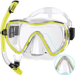 Snorkeling Gear for Adults, Dry Snorkel Set 180 Panoramic Wide View Anti-Fog Scuba Diving Mask, Professional Snorkel Gear for Free Breathing, Swimming, Diving