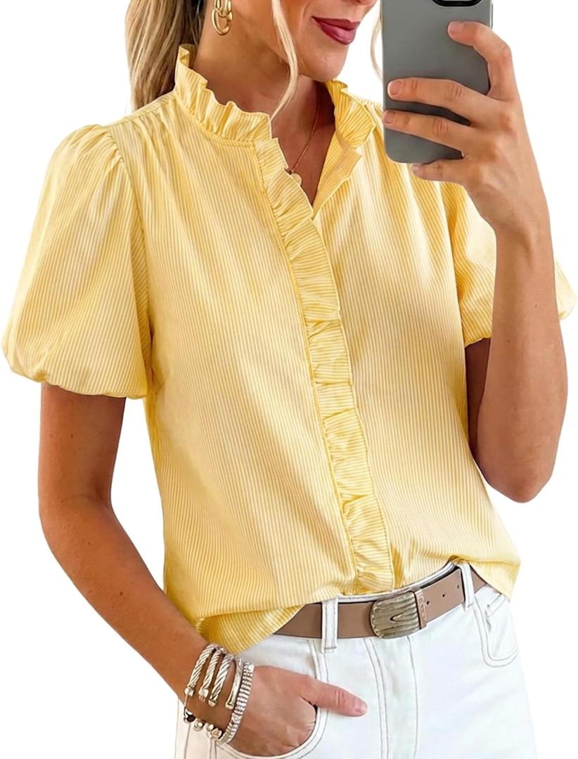 Womens Short Puff Sleeve Button Down Shirts Striped Gingham Ruffle Stand Collar Blouse Business Casual Preppy Tops (Large, Yellow White Stripe)