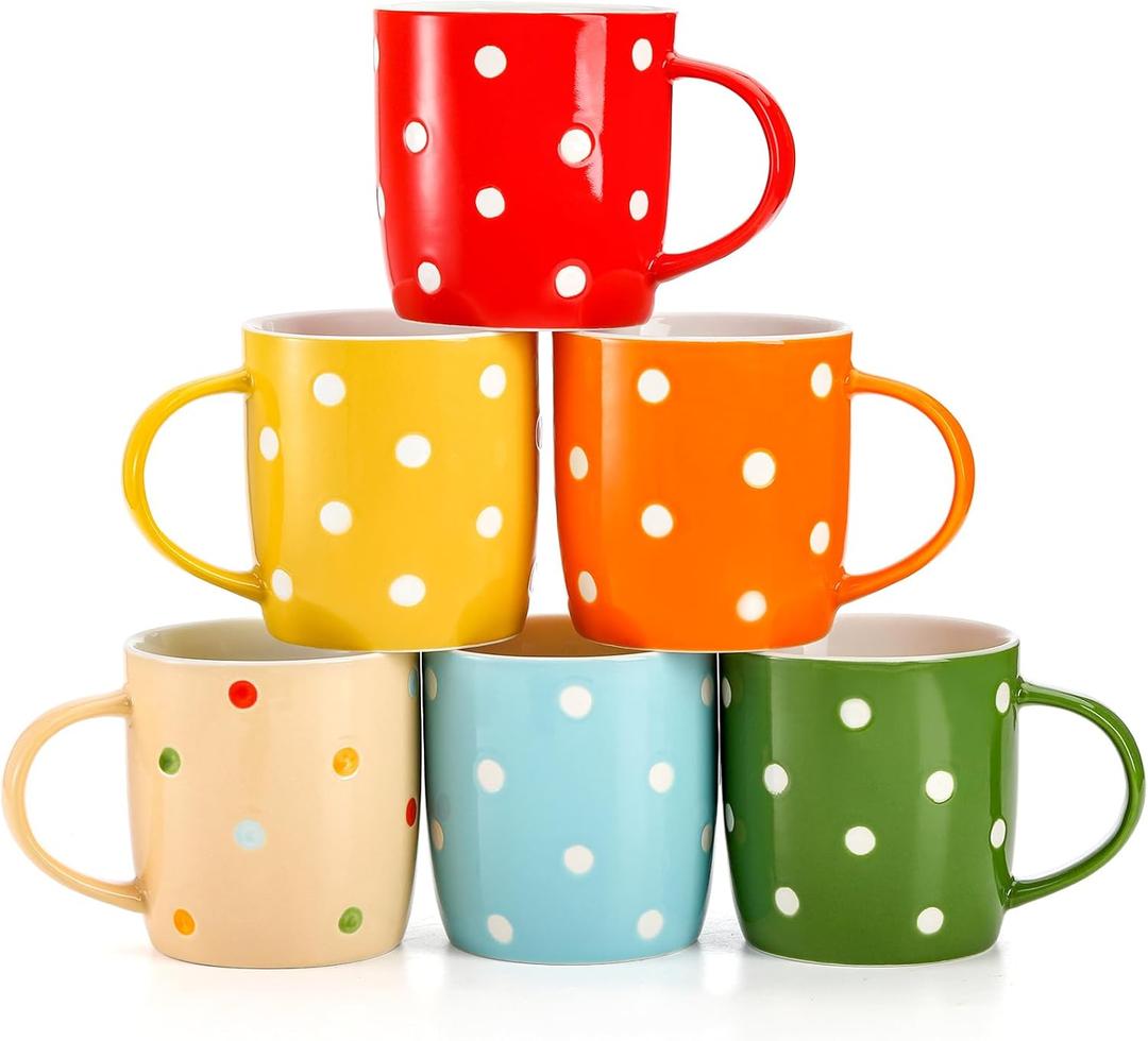 6 Pack Ceramic Coffee Mugs, 12 Oz Polka Dot Coffee Mugs Colorful Porcelain Mug Set for Coffee, Tea, Milk, Hot Chocolate