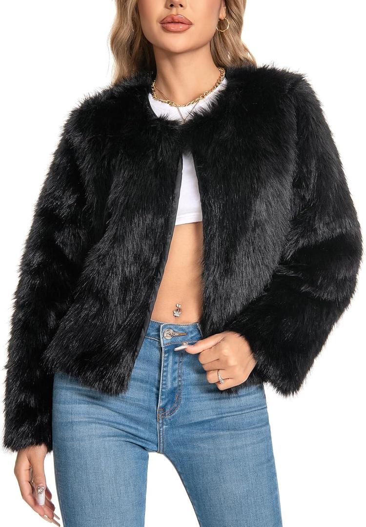 Fur Coats For Women, 2025 Plus Size Faux Fuzzy Jacket Fluffy Long Sleeve Winter Coat with Pockets (Black)