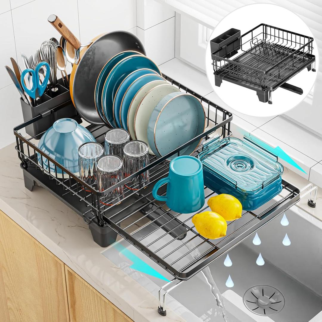 GSlife Expandable Dish Drying Rack for Kitchen Counter, Large Capacity 2-in-1 Rust Resistant Dish Drainer with Swivel Spout and Pull Out Over Sink Extension, 16.7" W x 12.6"-22.4" L, Black