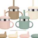 Baby Sippy Cups, 7.4 Oz Stainless Steel Training Cup with Silicone Straws, 3 Stages for Infants Toddlers 6-12 Month and Kids 1-3 Year, 4 Colors (Pink+Green+Beige+Brown)