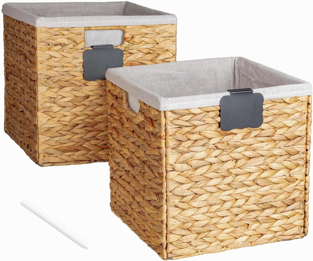 Wicker Storage Basket 12x12, Foldable Water Hyacinth Storage Baskets, Wicker Storage Cubes with Liners, Natural Seagrass Laundry Bin, Letter Boards and Chalk Marker Included, Set of 2