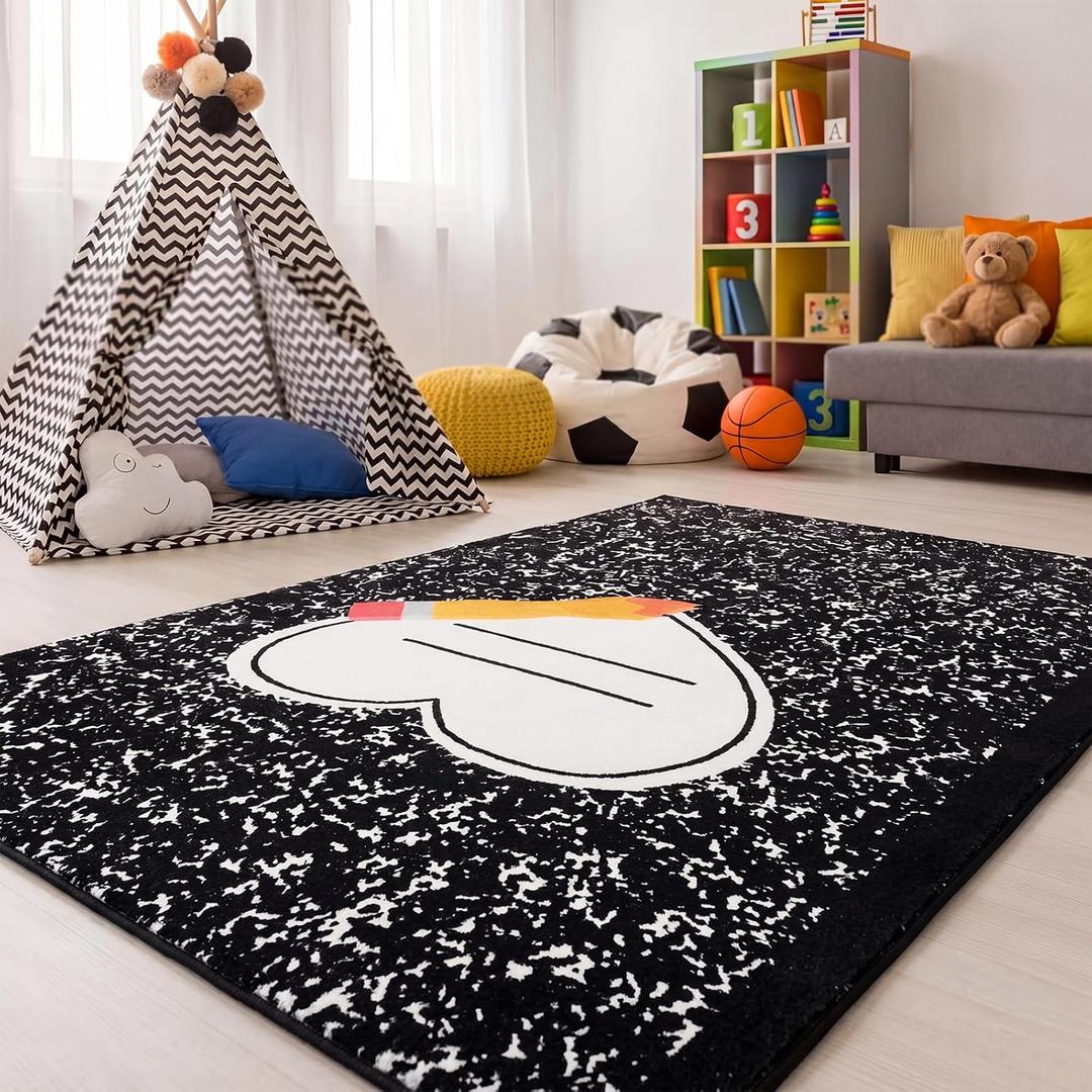 4 x 6 ft Composition Notebook Rug Classroom Decor Educational Area Rug Soft Faux Wool Floor Mat Non Slip Cushion Welcome for Back to School Teacher Party Gift Learning Play Read Corner, 11" x 1'7"