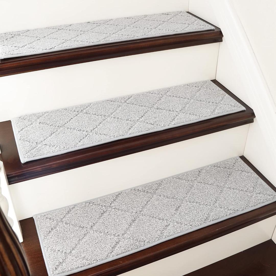 COSY HOMEER Edging Stair Treads Non-Slip Carpet Mat 28inX9in Indoor Stair Runners for Wooden Steps, Edging Stair Rugs for Kids and Dogs, 100% Polyester TPE Backing (15pc, Grey) (15pc, Grey)