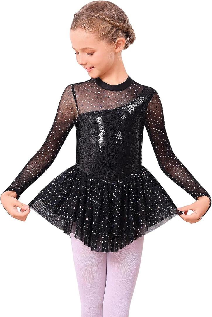 ODASDO Figure Skating Dress for Girls Mesh Long Sleeve Sparkly Sequin Skirted Leotard Ballet Outfit Dancewear (Black, S)