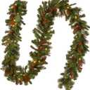 National Tree Company 9 ft Pre-Lit Crestwood Spruce Artificial Christmas Garland, Christmas Decoration with Glitter, Pinecones, Red Berries, 50 Warm White LED Lights, 180 Tips, Timer, Green, Battery-Operated