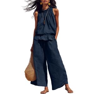 Tanming Women's Linen 2 Piece Outfits Sleeveless Ruffle Top Wide Leg Pants Summer Loungewear Beach Travel Sets S