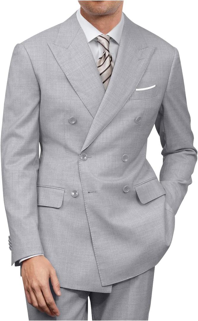 Mens Double Breasted Suit Slim Fit Solid Suit Jacket and Dress Pants 2 Piece Set Prom Wedding Suits for Men, Medium