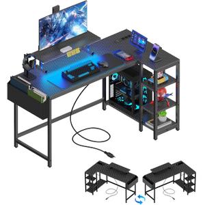 L Shaped Gaming Desk with LED Lights & Power Outlet, 40" Reversible Computer Desk with Adjustable Monitor Stand and Storage Shelves Corner Home Office Desk for Small Space Carbon Fiber Black