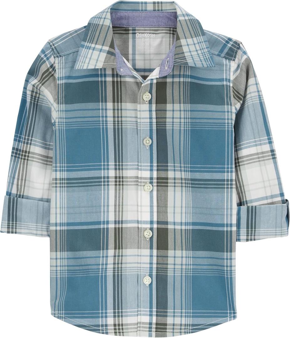 OSHKOSH B'GOSH Boys' Long Sleeve Woven Buttonfront Shirt (4T/4A, Navy Plaid)