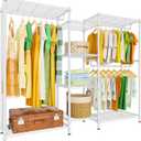 LEHOM G6M Heavy Duty Clothes Rack for Hanging Clothes, Portable Garment Rack Compact Size Closet Organizer, Freestanding Metal Clothing Rack Wardrobe Closet with Storage Shelves for Bedroom, White
