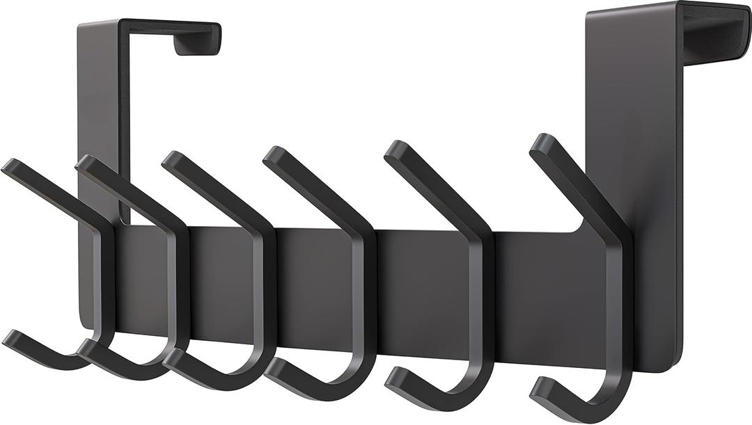 Matte Black Over The Door Hooks Heavy Duty Stainless Steel Door Hanger with 6 Double Hooks for Hanging Towels, Coats, Robes, Hats, Bags No Drill Over Door Towel Rack for Bathroom & Bedroom